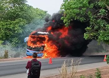 Incêndio destrói ônibus da Guanabara e interdita trecho da BR 343 em Teresina
